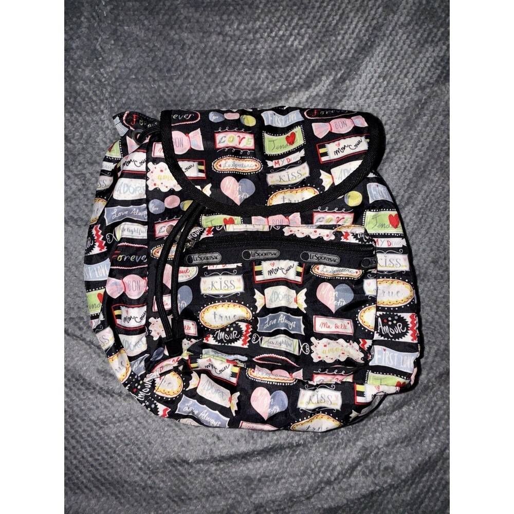 Le Sportsac Small Sweet Talk Candy Black Drawstring Backpack Love Amour